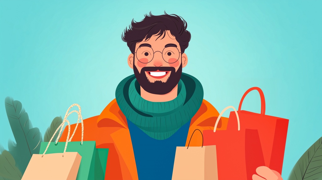 Иллюстрация улыбающегося мужчины с пакетами в руках Иллюстрация улыбающегося мужчины с пакетами в руках